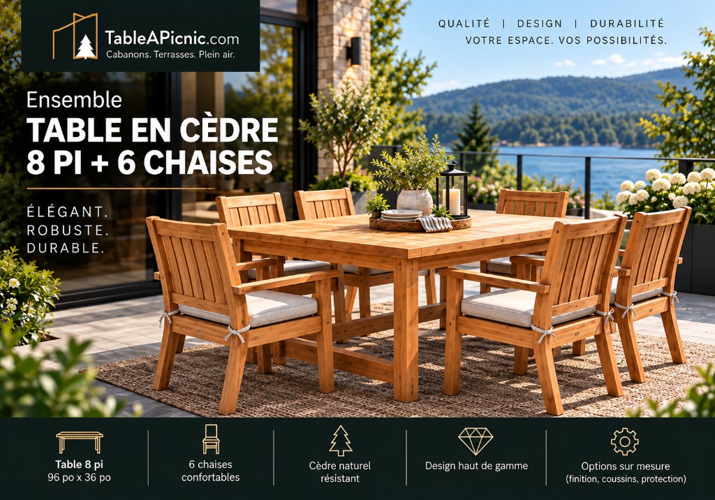 Ensemble table en cèdre 8 pi et six chaises sur une terrasse